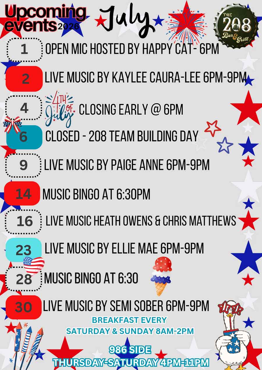 July events schedule with live music, bingo, holiday closure, stars, and red, white, blue decor.
