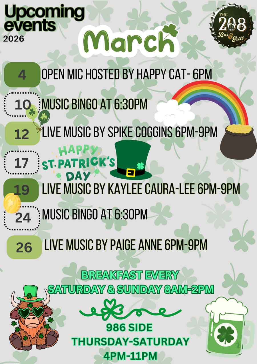 March event poster with shamrocks, event dates, times, and St. Patrick’s Day-themed graphics.