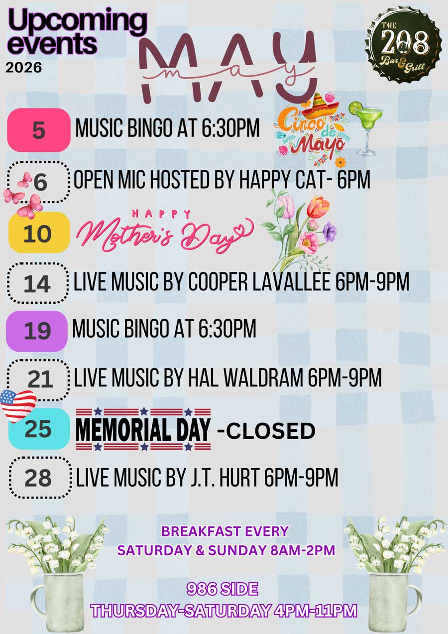 May 2026 event flyer with dates for music, bingo, open mic, and Memorial Day closure.