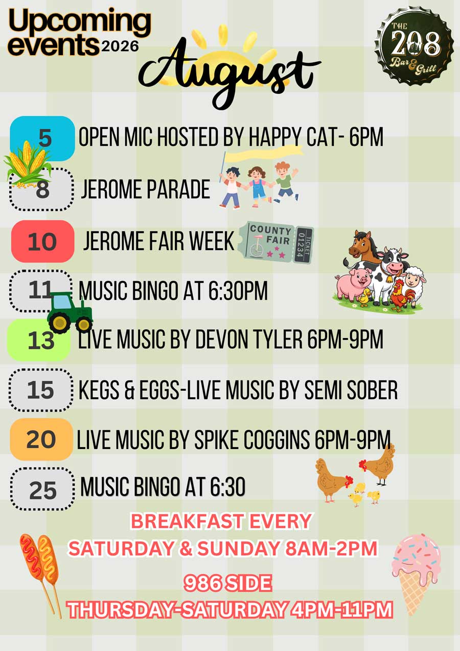 August Calendar at the 208 Bar and Grill