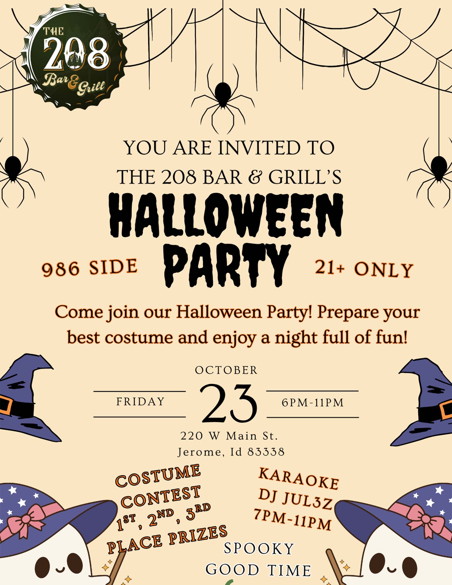 Halloween party flyer with spider webs, witch hats, and event details on a cream background.