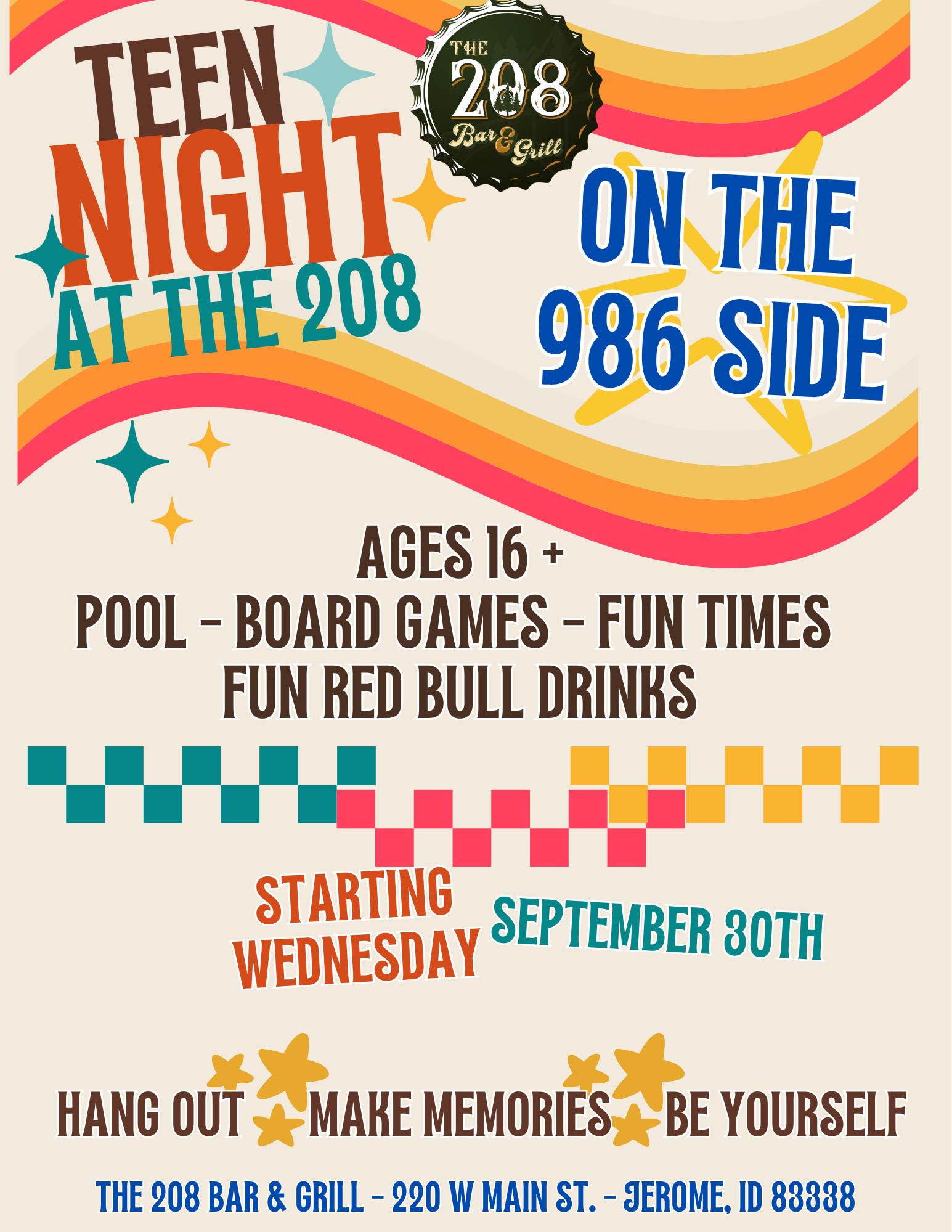 Colorful flyer for teen night at The 208 Bar & Grill with event details and playful graphics.