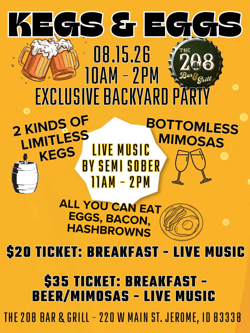 Flyer for a backyard party with kegs, eggs, mimosas & The 208 Bar & Grill Menu, Aug 15, 2026.