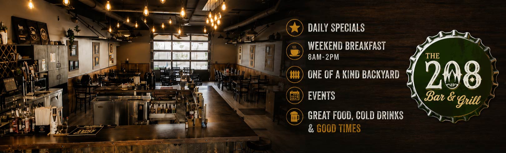 The 208 Bar & Grill Jerome ID features a wood-decor bar; specials and events listed to the right.